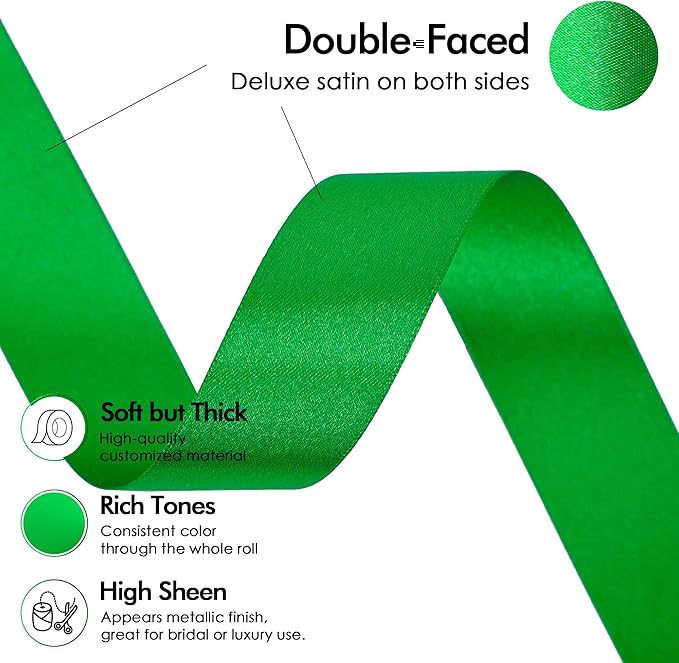 MEEDEE Emerald Ribbon 1 Inch Emerald Green Satin Ribbon Lux Double Faced Satin Ribbons by 50 Yards Polyester Green Wrapping Ribbons for Crafts, Wedding, Flower Bouquet, Holiday Decorating