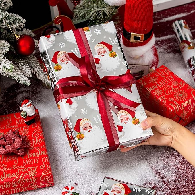 MAYPLUSS Christmas Wrapping Paper Roll - 17IN X 33FT - Silver Gift Wrap Paper Featuring Santa Claus Snowflake HO Reversible Gold Merry Christmas for Kids, Holiday, New Year