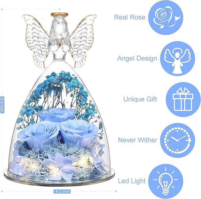Christmas Rose Gifts for Women Preserved Real Flower in Glass Angel Figurines Roses for Delivery Prime Birthday Gifts for Mom Grandma Girlfriend Wife Her, Sky Blue