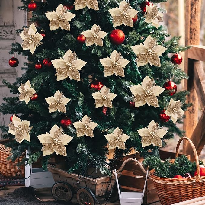 WILLBOND 36 Pieces Christmas Poinsettia Glitter Faux Flowers Christmas Artificial Flowers Tree Ornaments Topper Xmas Decorations(Champagne)