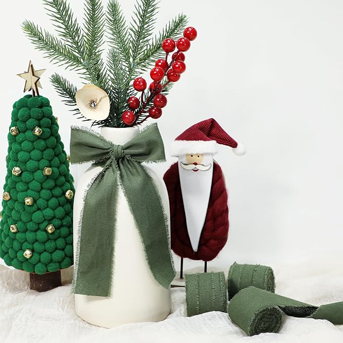 Hunter Green Ribbon 1-1/2 x 15 Yards Handmade Cotton Frayed Fringe Fabric Ribbons for Crafts Flower Bouquets Wedding Christmas Tree Home DIY Decor