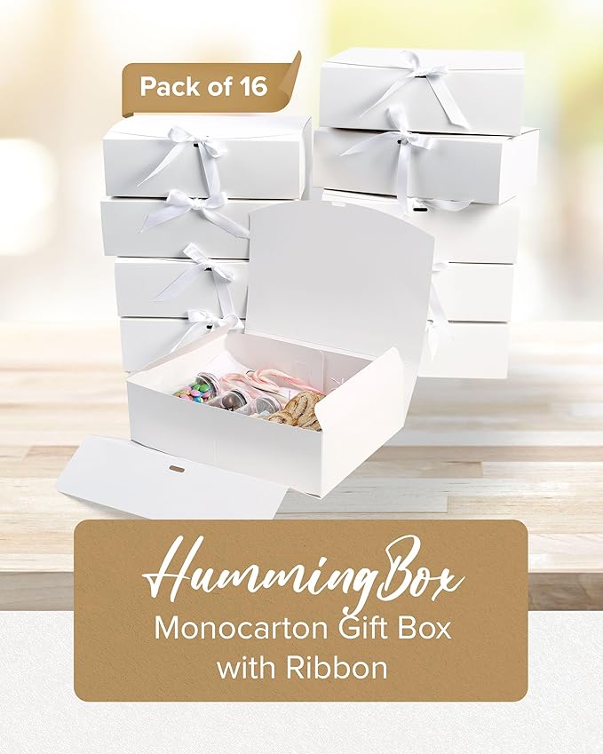 HummingBox White Gift Box Set of 16 - Gift Boxes for Presents & gifting on weddings, birthdays & more - Easy to Assemble White Gift Boxes With Lids & Ribbon Closure - Decorative Boxes With Lids