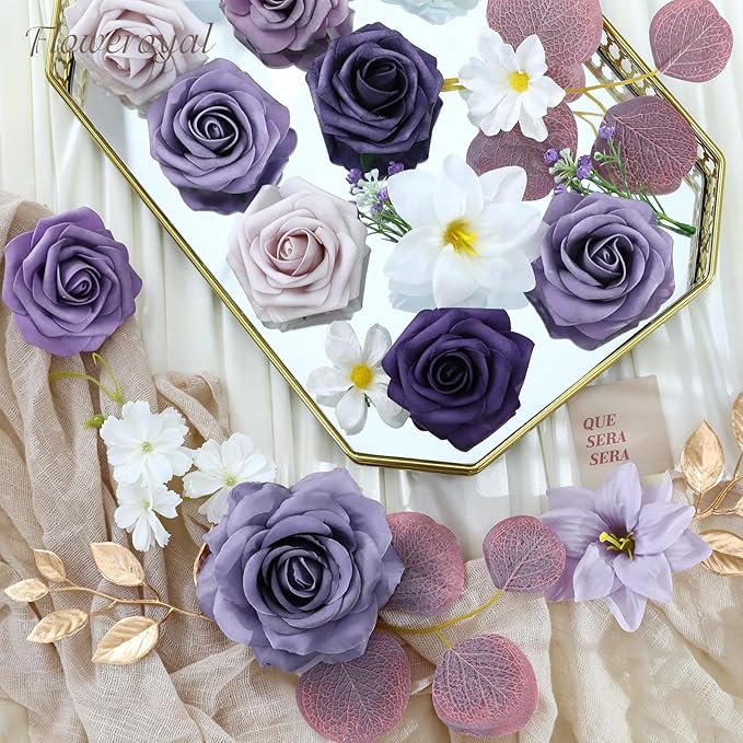 Floweroyal Artificial Flowers Combo Purple Flowers Mix Silk Flowers Fake Roses with Stems for DIY Wedding Bridal Bouquets, Baby Shower, Floral Arrangement, Table Centerpieces, Home Decorations