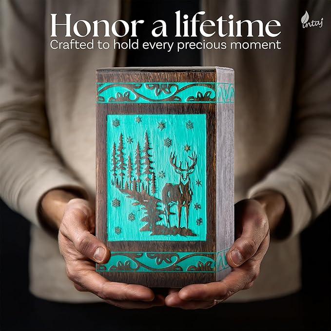 INTAJ Handcarved Rosewood Teal Green Deer Urn for Human Ashes Adult Male Female - 180 lbs Forest Wooden Cremation Urn Box Suitable for Burial Funeral Decorative Wildlife Memorial Casket