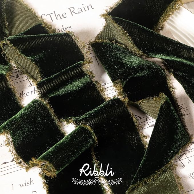 Ribbli Dark Moss Velvet Ribbon 2 Inch Handmade Frayed Vintage Christmas Ribbon for Gift Wrapping Christmas Tree Ornament Wreath Craft Home Decor -3 Yards