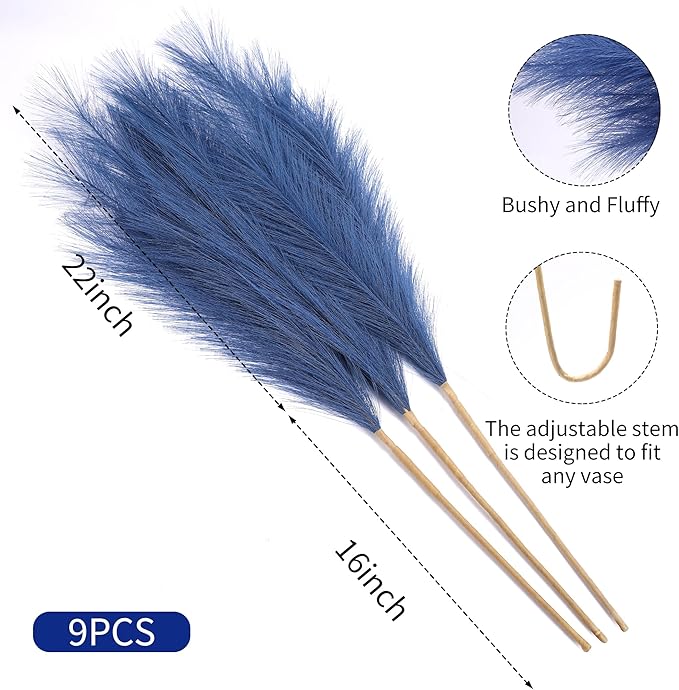 9 Stems Blue Pampas Grass - 38 Inch Tall Faux Pompous Grass Decor, Long Artificial Pompas Floral Branches for Vase Filler, Wedding Flower Arrangement and Home Decor (Blue)