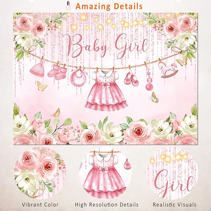 Pink Floral Baby Girl Baby Shower Backdrop Decorations,Cute Clothes Its a Girl Banner Back Drops Rose Gold Flower Photography Background for Baby Shower Party Supplies Photo Booth Props 8x6ft