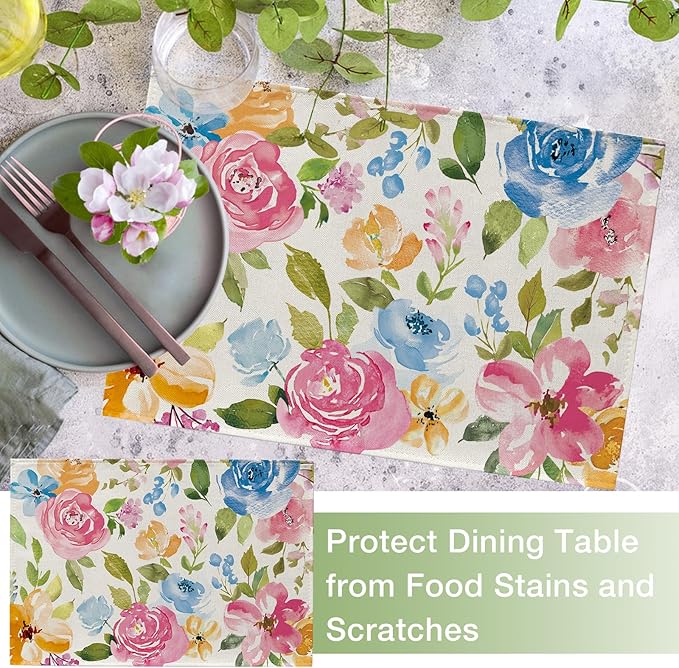 Seliem Spring Summer Floral Flower Placemats Set of 4, Watercolor Peony Leaves Dining Table Place Mats, Seasonal Kitchen Decor Home Decoration 12 x 18 Inch