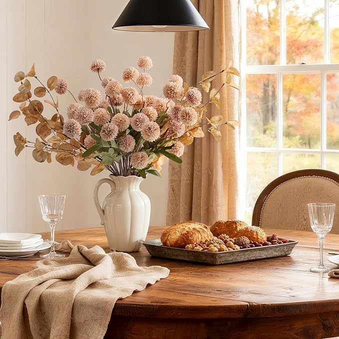 Real-Touch Faux Silk Mums Bouquet, Bendable Long Stems, Full & Realistic Artificial Flower Arrangement for Vase, Table, Wedding & Wreath Décor, Beige(No Vase) (Beige)
