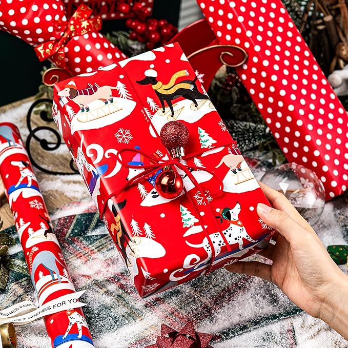 Yarcony Dog Christmas Wrapping Paper Roll, Red Wrapping Paper, Reversible Funny Skiing Puppy and Polka Dot Design Kid Christmas Gift Wrap Paper for Winter Holiday, Dog Lover (17 Inch X 33 Feet)