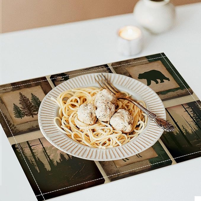 Rustic Lodge Bear Deer Placemats Set of 6, Vintage Cabin Pine Cone Plaid Place Mats, Heat Resistant Non Slip Cotton Linen Dining Table Mats for Home Kitchen Decor 18x12 Inch