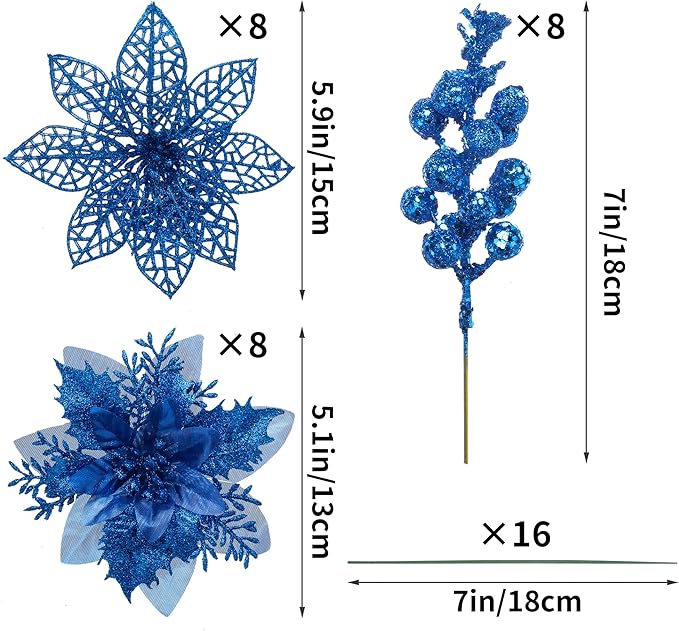 24Pcs Christmas Poinsettia Artificial Flowers and Glitter Berries Kit, 2 Styles Total 16Pcs Christmas Tree Flowers Ornaments, 8Pcs Christmas Tree Picks for Wedding Holiday Decorations, Baby Blue