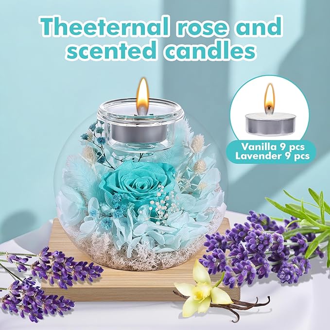 Christmas Birthday Gifts for Women Preserved Roses in Glass Dome with Scented - Romantic Preserved Flower for Women, Girlfriend, Wife, Mom, Grandma, Sister, Her-Cyan