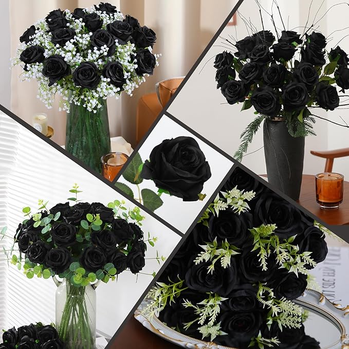 50PCS Artificial Silk Roses in Bulk & Bouquet Long Stem – Realistic Fake Roses for Wedding Centerpieces, Home Decor, Floral Arrangements, Party Decoration (Black)