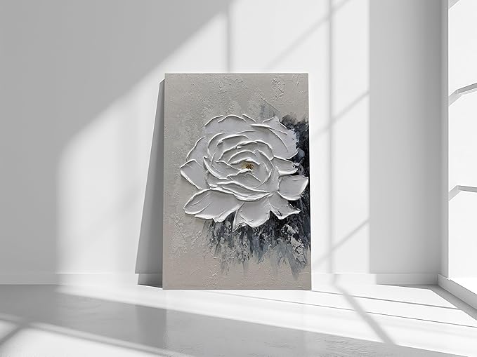 moshinart 24 x 36in Hand-Painted Oil Painting 3D Texture Black White Grey Modern Minimalist Black Abstract Wall Art, Home Office Wall Decoration Camellia
