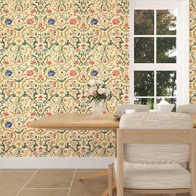Vintage Peel and Stick Wallpaper Boho Yellow Floral Leaf Wallpaper Colorful Contact Paper 17.5in x 9.8ft Removable Self Adhesive Vinyl Waterproof Paper for Cabinet Bedroom Stairs Kitchen