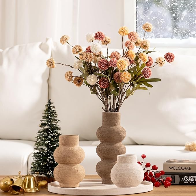 Ceramic Vase Home Table Decor - Flower Vase Set of 3 Living Room Kitchen Decorations Farmhouse Modern Rustic Vases Decorative Centerpiece for Shelf Bedroom Office Bathroom Dining Coffee Desk