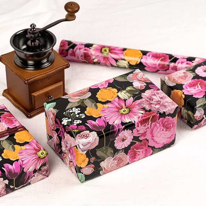 WRAPAHOLIC 30 Inch Reversible Floral Wrapping Paper - 30 Inch X 33 Feet - Colorful Flower Wrapping Paper for Birthday, Mother's Day, Wedding, Baby Shower, Bridal Shower