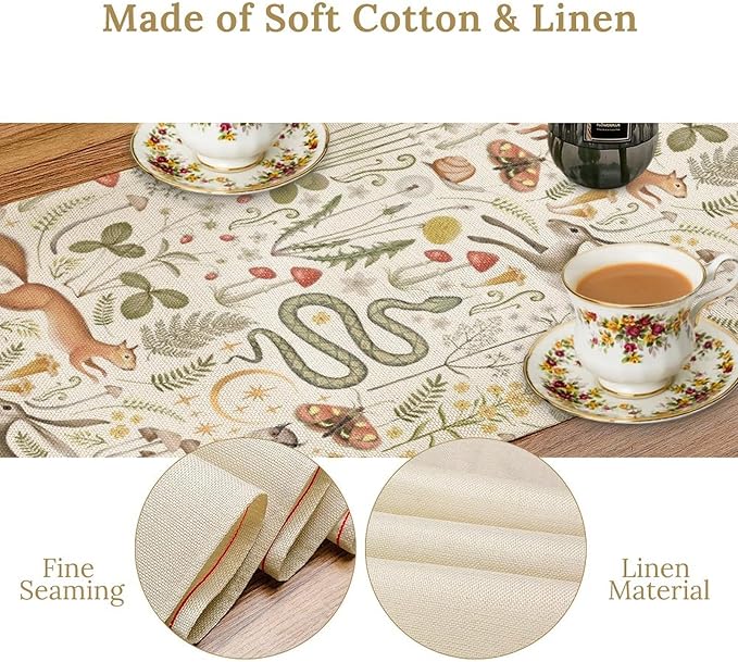Country Forest Table Runner, Wild Animal Hare Squirrel Owl Snake Snail Flowers Mushroom Print Table Runner for Spring Holiday Farmhouse Kitchen Indoor Outdoor Decoration, 13x120inch