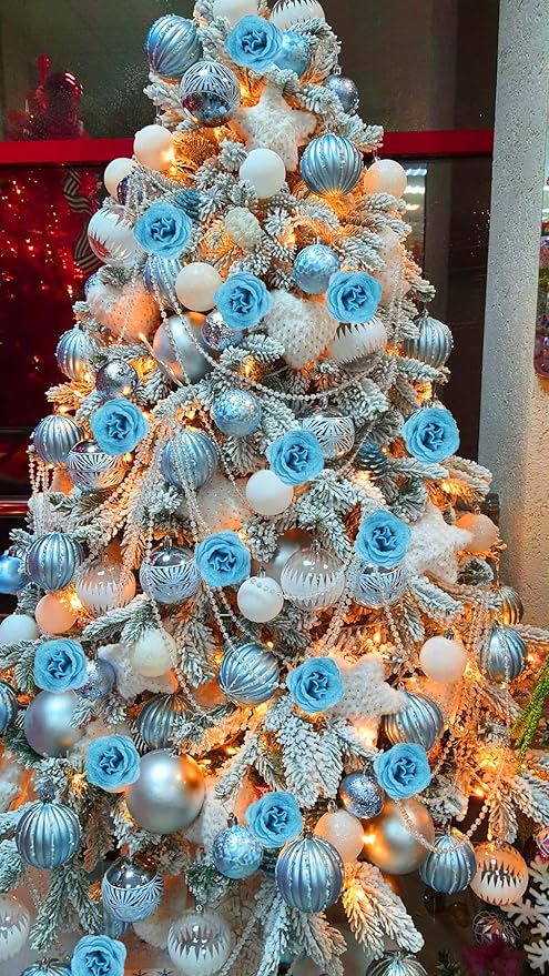 Light Blue Roses Artificial Flowers,30PCS Fake Glitter Roses with Stem for Wedding Bouquet Party Christmas Home Decor(Light Blue)