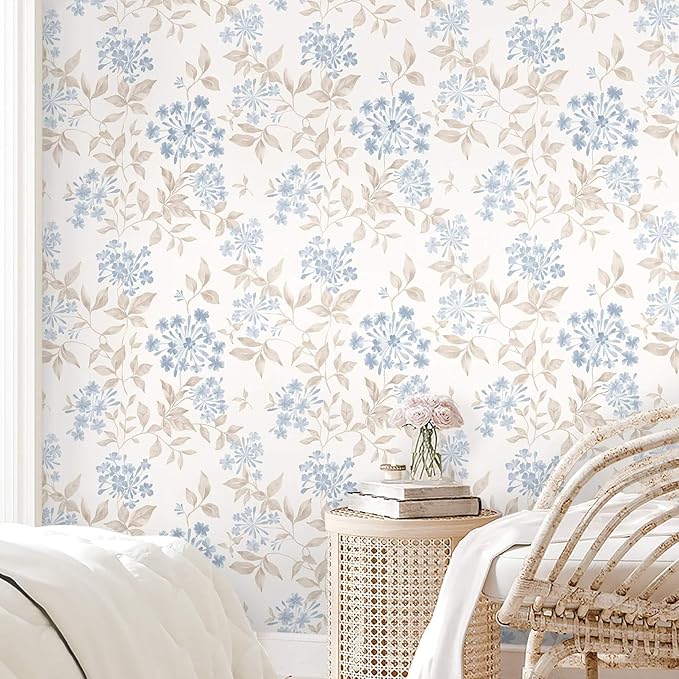 Heroad 17.3''x32.8ft Boho Floral Wallpaper Blue/Beige Peel and Stick Wallpaper Neutral Leaf Contact Paper Removable Self Adhesive Wall Paper for Cabinet Bedroom Bathroom Waterproof Decor Vinyl Roll