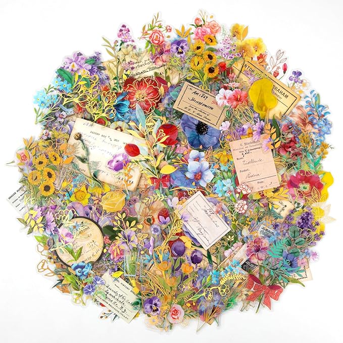 240Pcs Transparent Flower Stickers, Cute Vintage Floral Sticker for Kids, Clear Wildflower Stickers for Water Bottles, Scrapbooking, Card Making, Crafts, Laptop