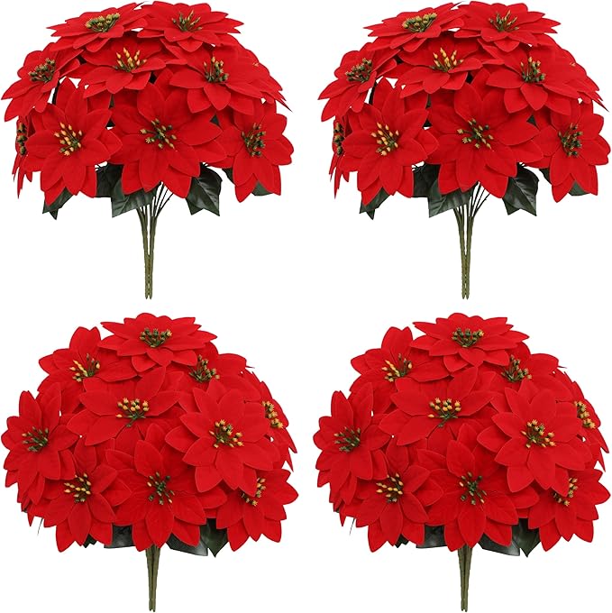 7 PCS Red Silk Poinsettia Flowers with 7 Heads - Artificial Christmas Floral Bouquet for Xmas Party, Winter Holiday Decor, Table Arrangements, Home & Seasonal Displays