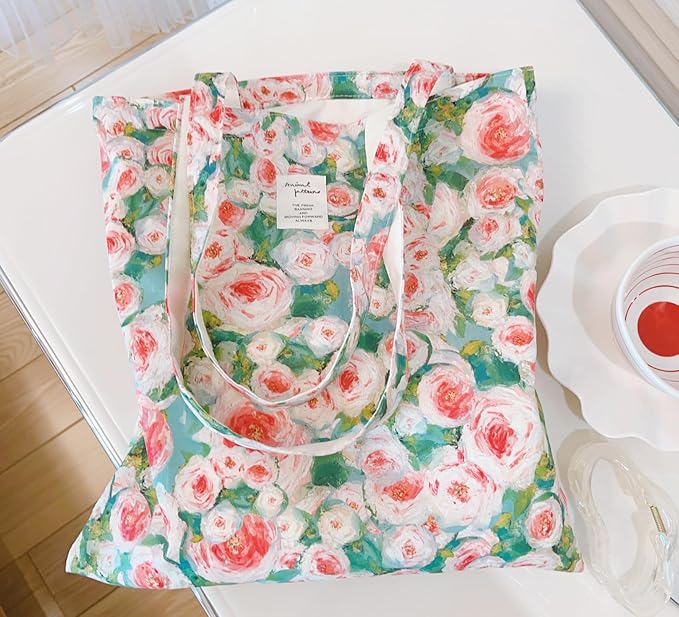 Cotton Canvas Tote Bag Reusable Soft Grocery Cloth Bag Floral Shoulder Bag for Beach Travel Shopping