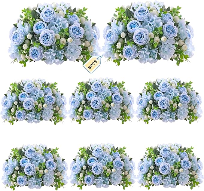 ASTRYAS 8Pcs Artificial Peonies Blue Silk Peonies Faux Flower Bouquet Fake Blue Peonies Artificial Flowers Table Centerpieces for Bridal Wedding Home Party Office Decoration Bulk