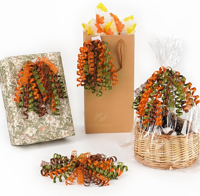 HUIHUANG Fall Bows for Gift Wrapping Moss Green/Orange/Brown Curly Bows with Self Adhesive & Twist Tie, 7 inch Sheer Satin Ribbon Bow for Presents, Gift Basket, Fall Decor, Party Favors- 6 Counts