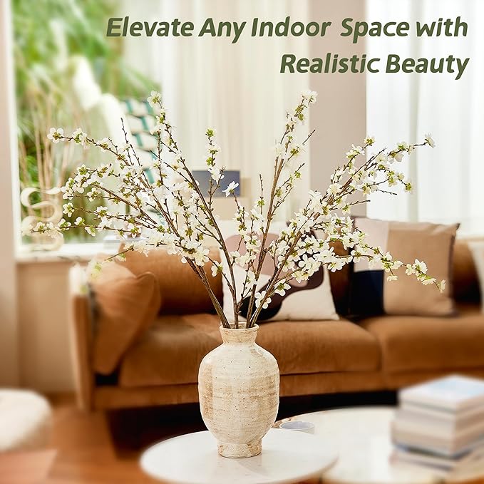 43" Cherry Blossom Branches, 4 Pcs Realistic Silk Artificial Flowers for Indoor Decor, Faux White Cherry Blossom Flower for Vase, Wedding Decoration, Home Centerpieces, Fake Floral Arrangement