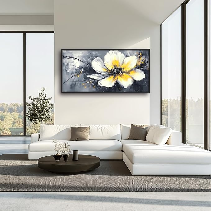 Abstract Flower Large Wall Art Framed Wall Decor for Living Room Black and White Floral Pictures Oversized Canvas Print Painting Modern Extra Large Artwork for Bedroom Office Home Decor 60"x30"