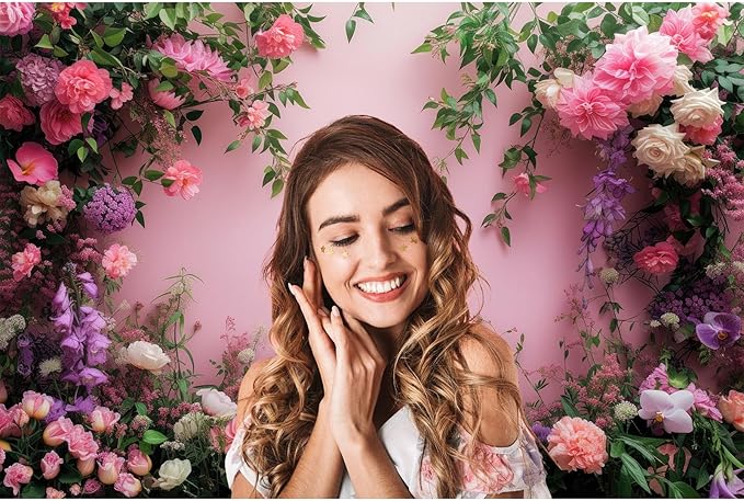 Flowers Photography Backdrop Colorful Flowers Composition Green Leaves on Pink Background for Girls Kids Children Wall Banner Cake Table Decoration Video Studio Photo Portrait Props 8x6ft