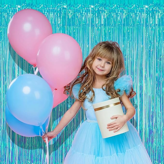 BRAVESHINE Iridescent Blue Foil Fringe Backdrop - 2 Pack 3.2x6.5 ft Holographic Tinsel Streamers Curtains for Christmas/Frozen/Winter’s Snowflake/Birthdays/Mermaid/Sea/Baby Party Decorations