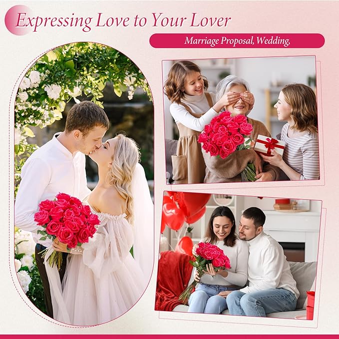 Hotop 40 Pcs Rose Artificial Flowers Bulk with Long Stem,Realistic Silk Fake Roses Bouquet for Home Wedding Centerpieces Party Table Decoration Valentines Gifts(Hot Pink)