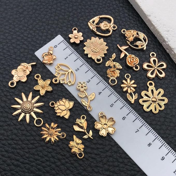 WOCRAFT 60pcs KC Gold Flowers Charms Bracelet Charms for Jewelry Making Sets DIY Necklace Bracelet Keychain Crafting Charms Kit Craft Supplies (SN878)