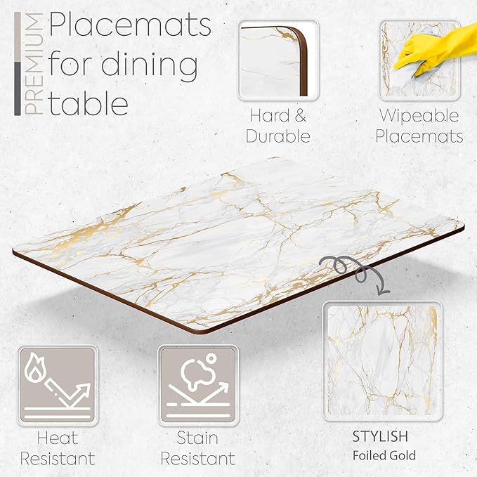 Set of 4 Heat Resistant Cork Placemats for Dining Table with Free Set of 4 Matching Drink Coasters Marble Design 16 x 12 Inches Cork Backed Hard Placemats (Foiled Gold)