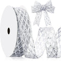 Geosar 20 Yards Silver Glitter Mesh Wired Ribbon for Christmas Tree Decorations, Gift Wrapping, DIY Craft, Xmas Wreaths, Cabinet Decor (1.5 Inch)