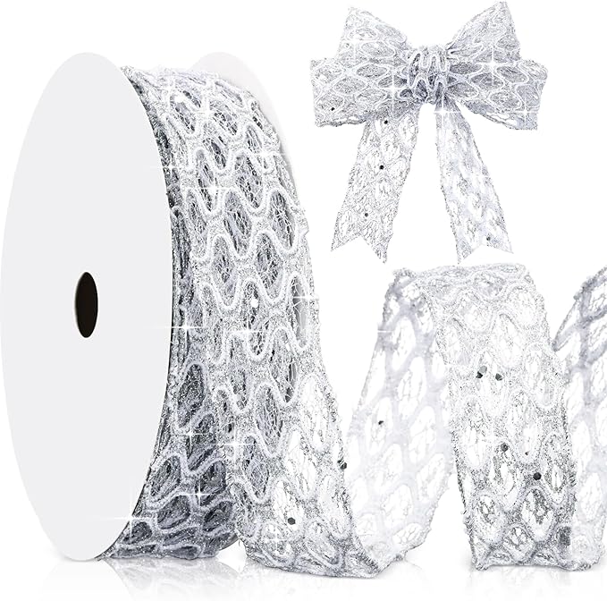 Geosar 20 Yards Silver Glitter Mesh Wired Ribbon for Christmas Tree Decorations, Gift Wrapping, DIY Craft, Xmas Wreaths, Cabinet Decor (1.5 Inch)
