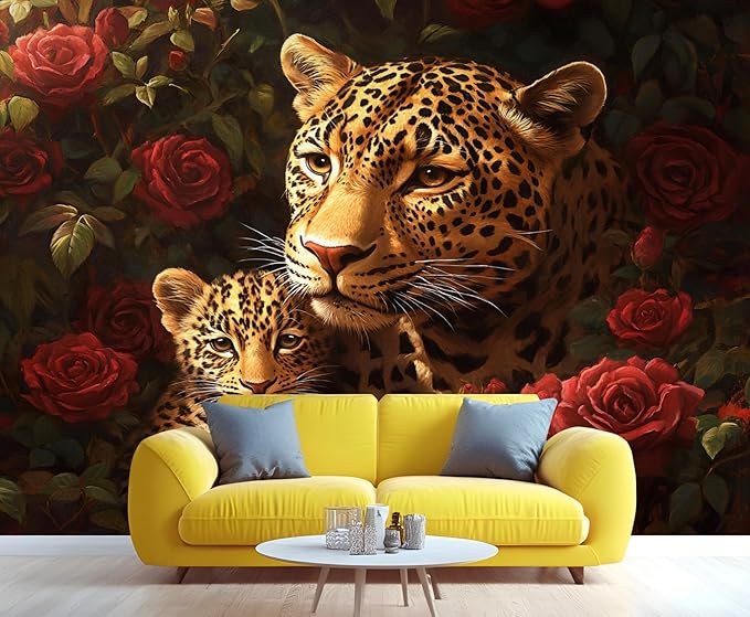 Jungle Rose Leopard Wall Mural, Big Cat Floral 3D Wall Murals, Wild Animal Leopard Wallpaper Mural, for Living Room Bedroom Large Wallpaper Indoor Decor 98.4" W x68.9 H