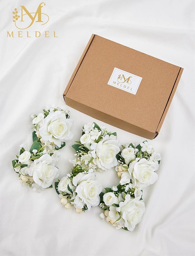 Meldel Pocket Boutonniere for Men, Set of 6, Groom Groomsman Boutonnieres for Wedding Prom Suit Accessories, Artificial White Rose Corsage for Party Ceremony Anniversary Graduation Flowers