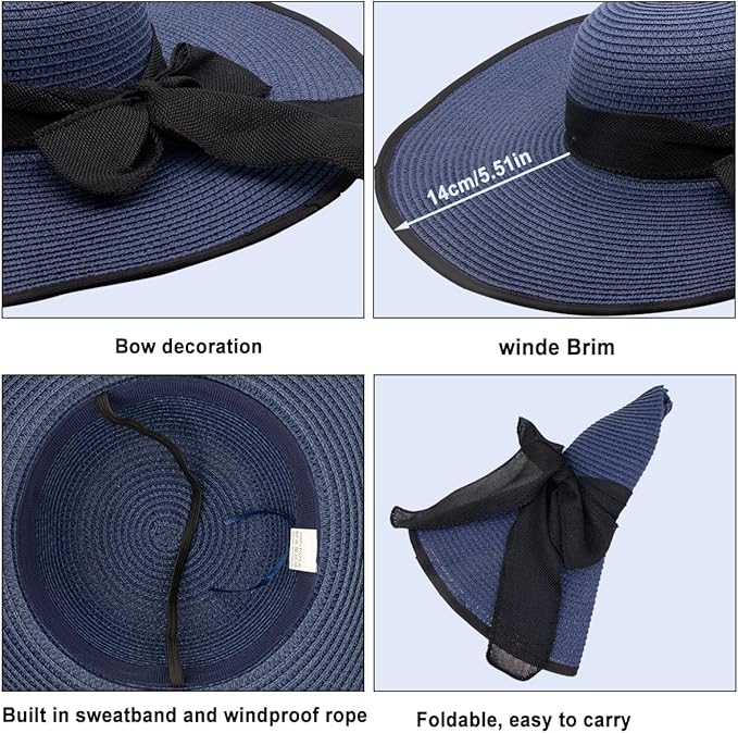YQHMT Women Beach Sun Hats, Big Wide Brim Straw Hat for Women UPF 80+ UV Protection, Summer Hats Packable Foldable