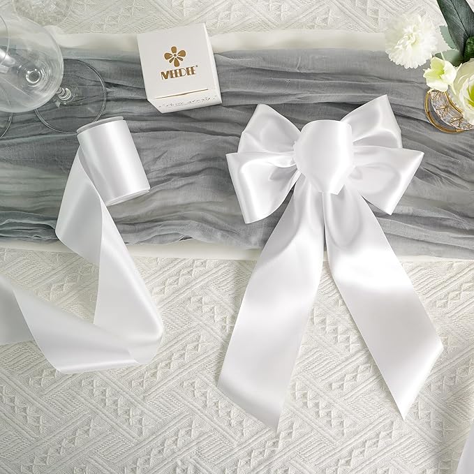 MEEDEE White Satin 3 Inch Ribbon Lux Double Faced Satin Ribbon by 10 Yards Extra Wide Silk Ribbons White Fabric Ribbons for Christmas Tree, Crafts, Weddings Decor