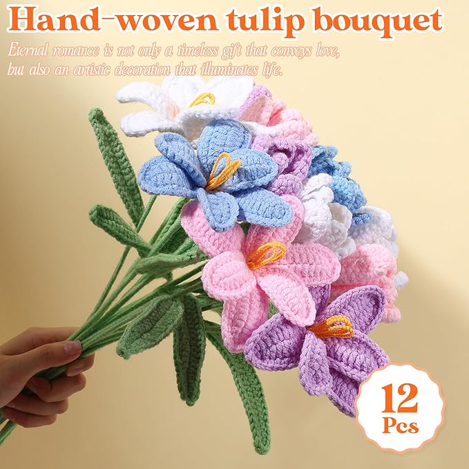 YOUNGJOY Crochet Rose 12 Pcs Handmade Knitted Flowers Tulip Sunflower Daisy Heart Artificial Knitted Floral Mother Day Graduation Home Decor(Tulip A)