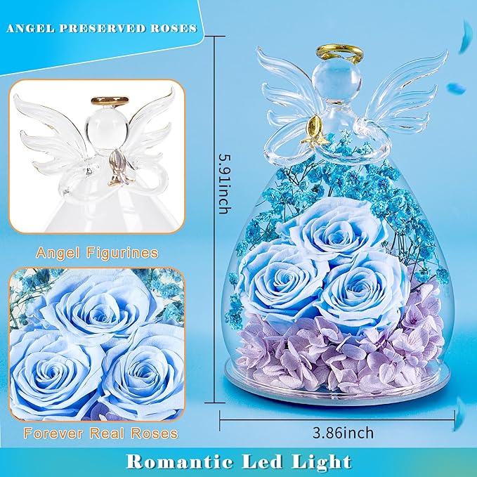 Beferr Christmas Birthday Gifts for Women, Mom Gifts for Christmas Fresh Flowers for Delivery Prime Forever Preserved Rose in Glass Angel Figurine Xmas Gifts for Grandma Wife Sister Her, Light Blue