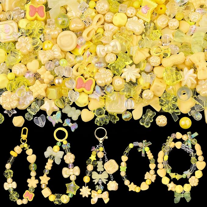 Assorted 200-260PCS Yellow Acrylic Beads for Bracelet Making, Flower Bow Candy GummyBear Bracelet Charms,Cute Beads for Jewelry Making DIY Necklace Keychain Phone Charm Christmas Gift