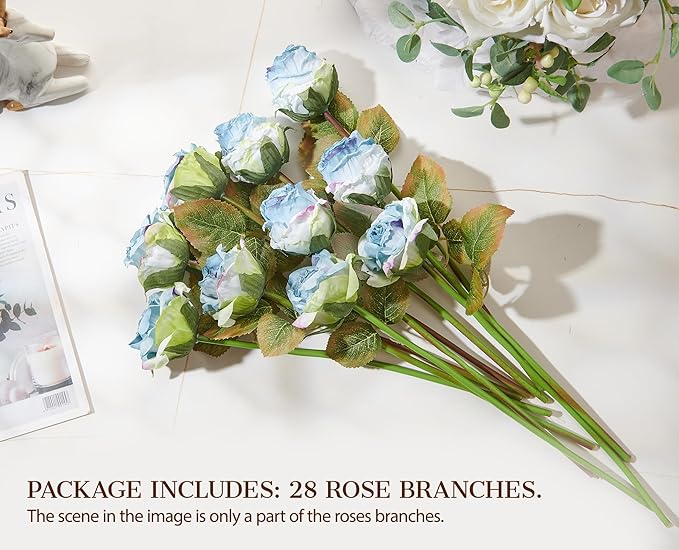 Rose Artificial Flower 28pcs Realistic Faux Silk Roses Fake Flowers Bouquets Arrangements Decor for Wedding Spring Mother's Day, Home Table Decorations, Blue Flower