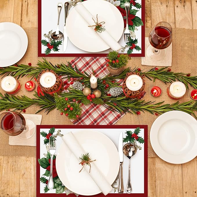 50 Pack Christmas Paper Placemats Poinsettia Disposable Place Mats Red Green Christmas Flower Decorative Paper Table Mats for Xmas Holiday Home Kitchen Table Top Decor