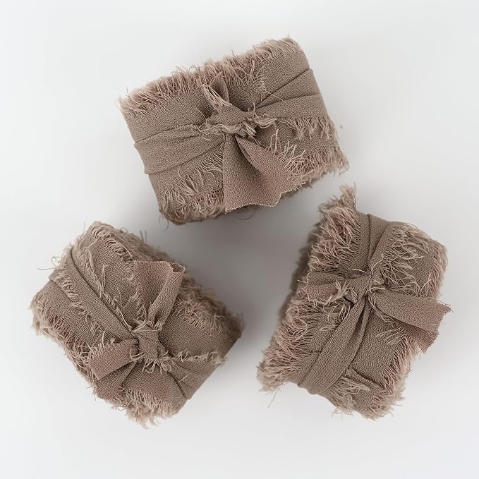 MEEDEE Taupe Chiffon Ribbon 1 Inch Brown Frayed Ribbons Brown Chiffon Silk Fringe Ribbon Thin Chiffon Ribbons for Crafts, Gift Wrapping, Wedding Invitation (3 Rolls 21 Yards)