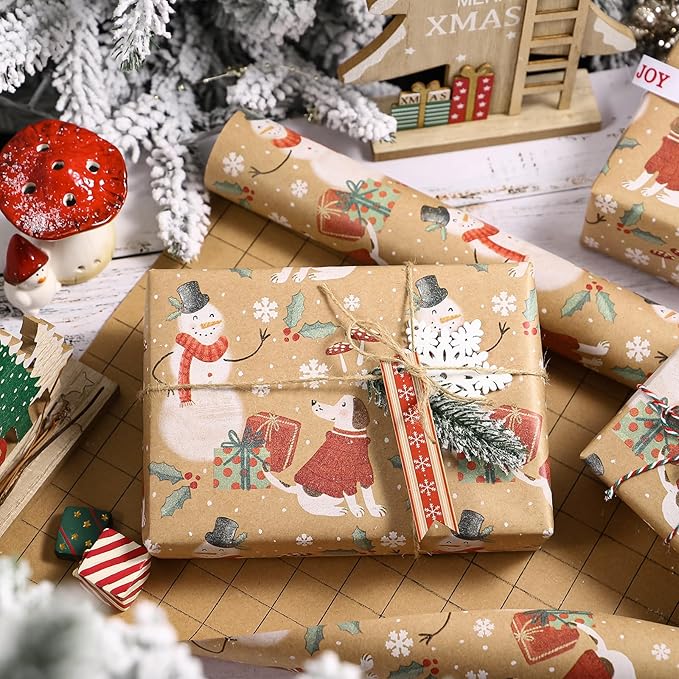 WRAPAHOLIC Kraft Christmas Wrapping Paper - Mini Roll - 17 Inch x 33 Feet - Snowman and Christmas Dog Wrapping Paper for Holiday, Party Celebration